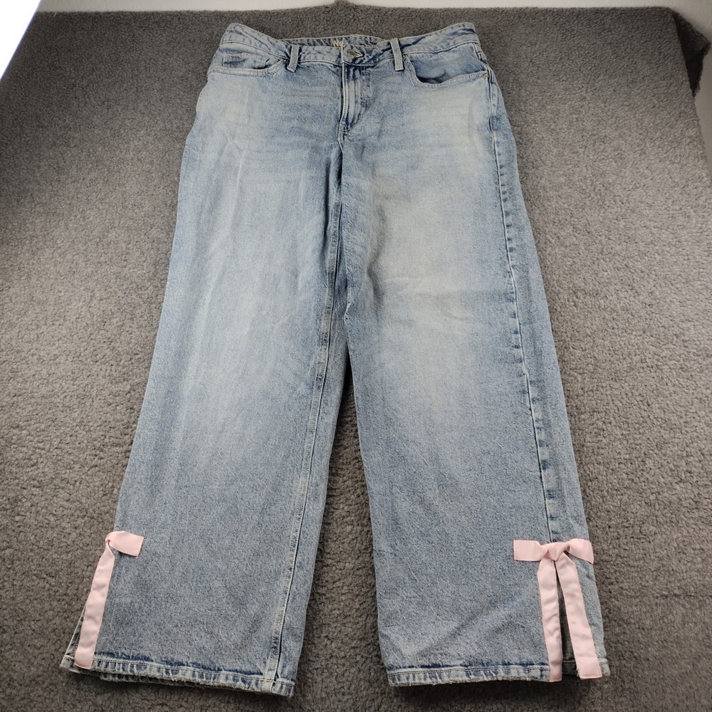 VTG Y2K No Boundaries Jeans Sz 12 Wide Leg Light Wash Denim Pink Bow Coquette